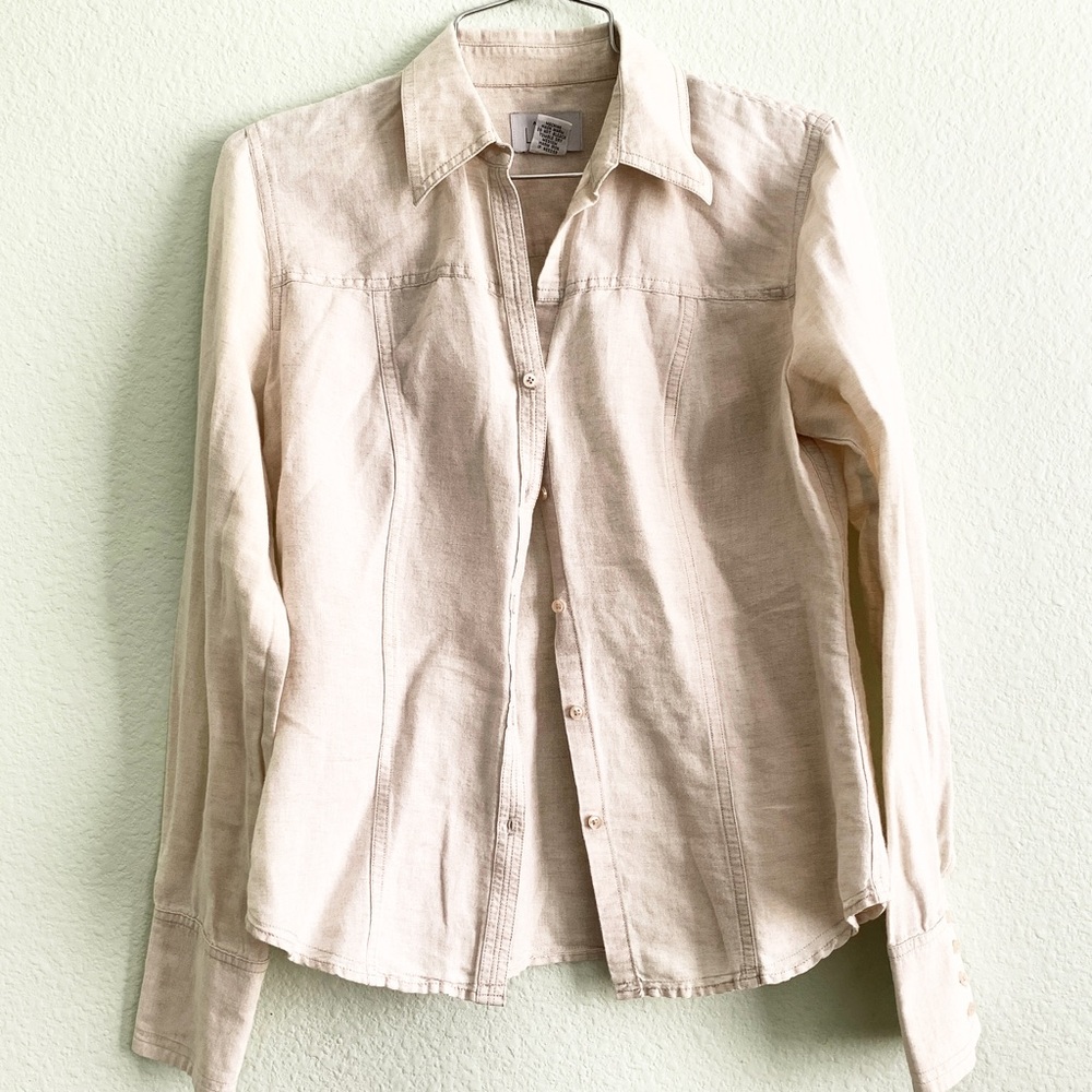 ANN TAYLOR LOFT vintage linen cotton button up shirt top long sleeve Small